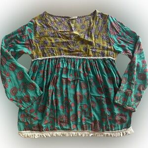 Natural Life Live Happy Shirt Womens Small Medium Green Boho Floral Fringe Tunic